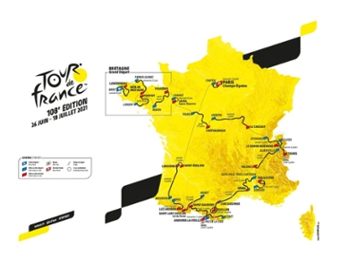 Map of France with the route of the Tour de France 2021.