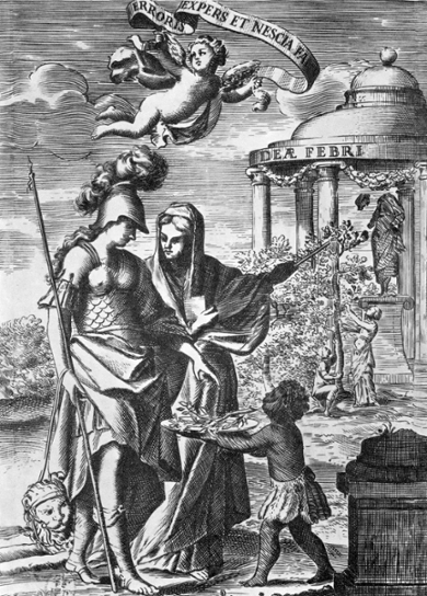 17th-century engraving depicting Peru as a figure offering a branch of the cinchona tree to Science; cinchona is the source of Peruvian bark, a historically important remedy for malaria.