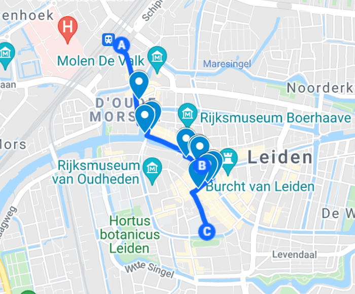 Route van Leiden Centraal naar het KOG langs verschillende hotspots.