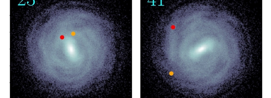 Two nearly identical simulations of a galaxy. The orange and red dot represent the same star in two simulations that differ only minimally from each other. That small difference grows over time into a clearly divergent position. Credit: UL/Portegies Zwart/Asano.