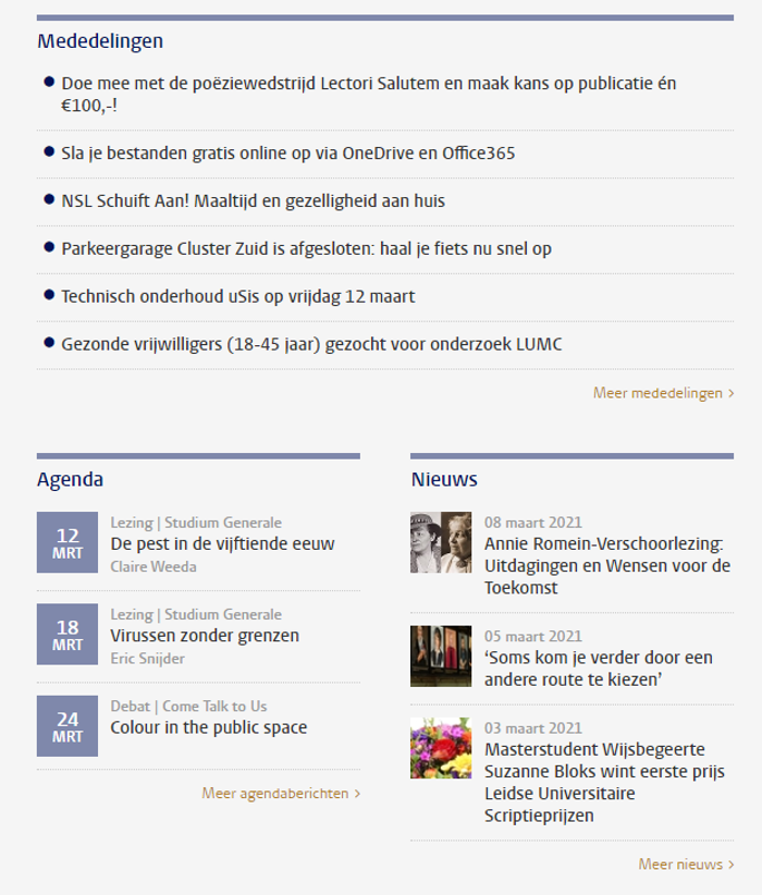 Screenshot van het overzicht van mededelingen, nieuwsberichten en de agenda op de homepage